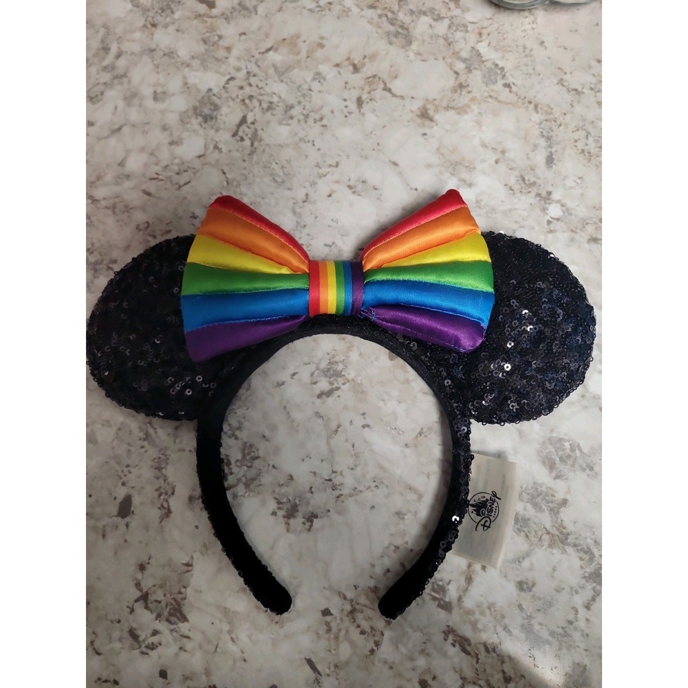 Disney Parks Pride Collection Rainbow Bow Black Sequin Minnie Mouse Ears